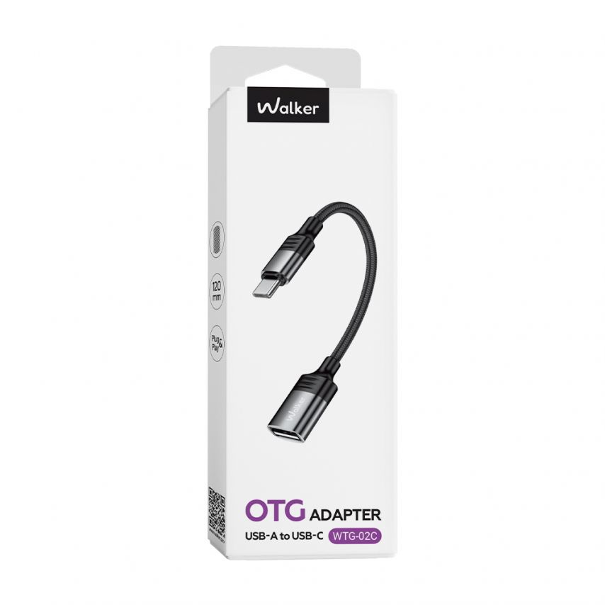 Переходник OTG WALKER WTG-02C USB2.0 to Type-C кабель 12см black/grey