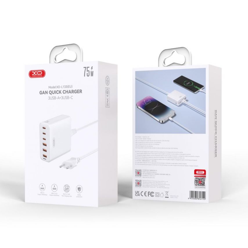 Мережевий зарядний пристрій (адаптер) XO L133 75W GaN (3×USB + 3×PD) зі шнуром 1.5м white
