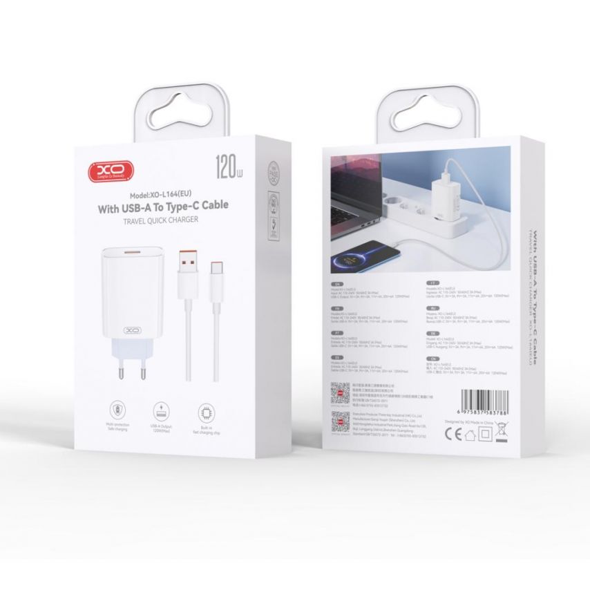 Мережевий зарядний пристрій (адаптер) 2в1 XO L164 1USB / 120W + Data Cable USB to Type-C white
