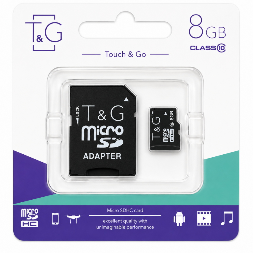 Карта памяти T&G MicroSDXC 8GB Class 10 UHS-1 + SD-адаптер (TG-8GBSDCL10-01)