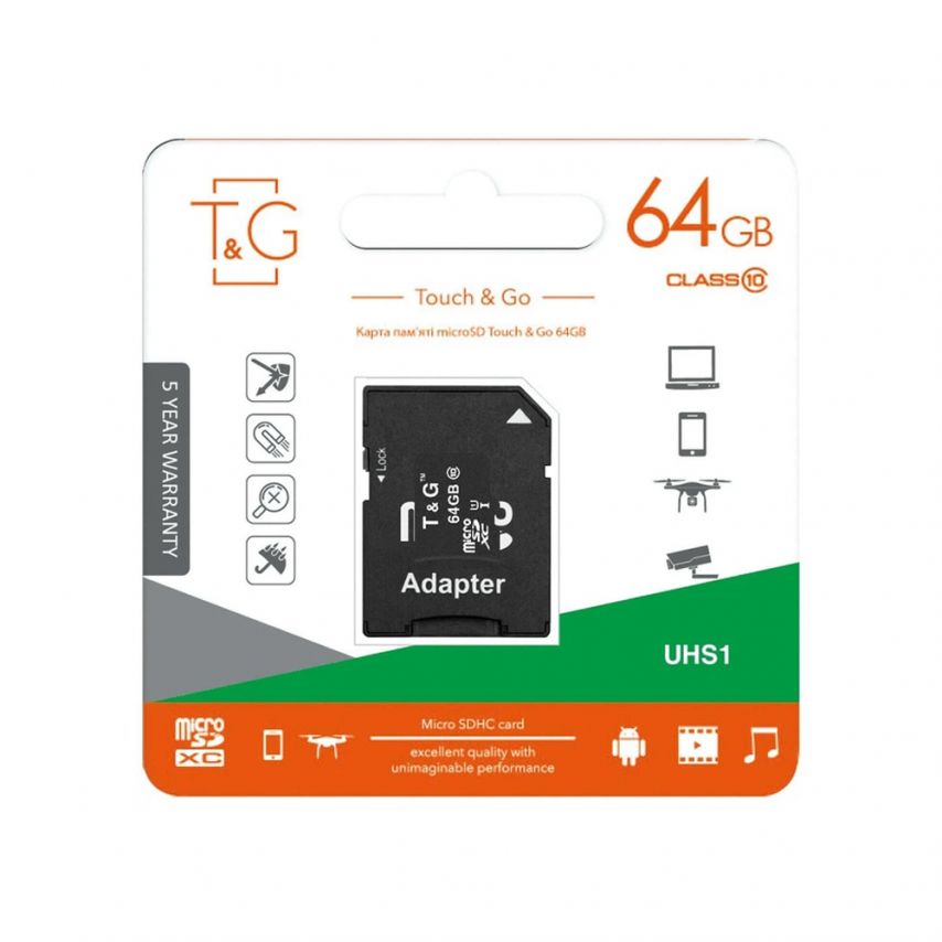 Карта пам'яті T&G MicroSDXC 64GB Class 10 UHS-1 + SD-адаптер (TG-64GBSDCL10-01)