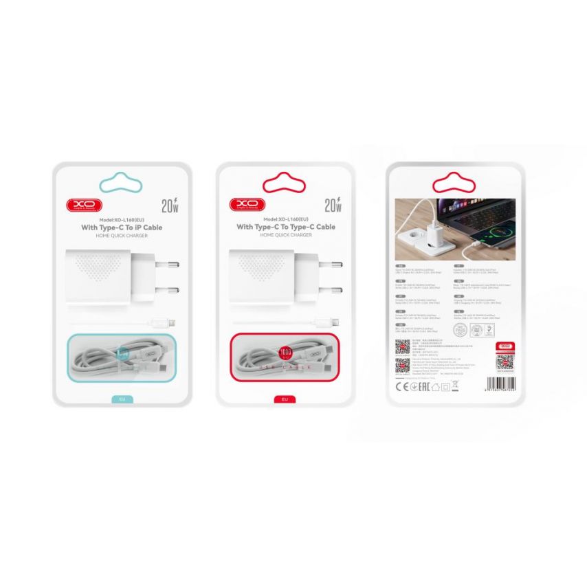 Сетевое зарядное устройство (адаптер) XO L160 PD_20W + Data Cable Type-C to Type-C white