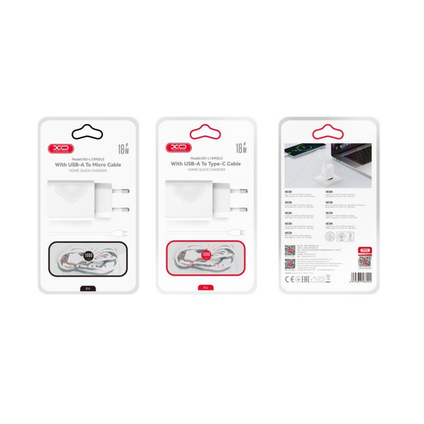 Мережевий зарядний пристрій (адаптер) XO L159 1USB / QC3.0 / 18W + Data Cable USB to Type-C white