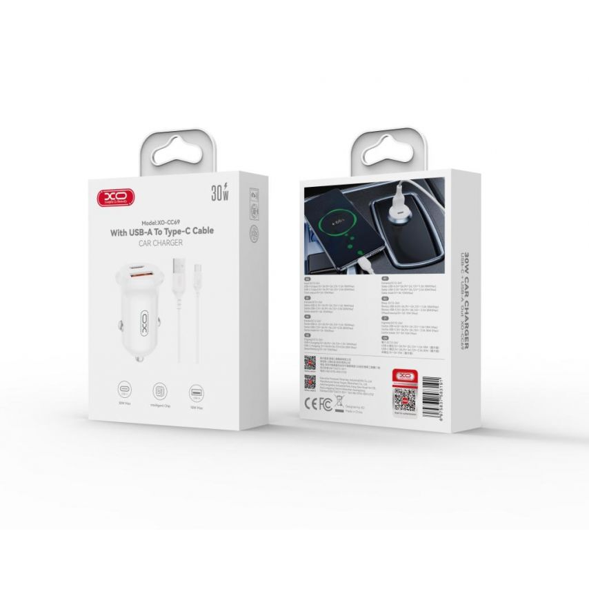 Автомобильное зарядное устройство (адаптер) XO CC69 PD / QC3.0 / 30W + Data Cable USB to Type-C white