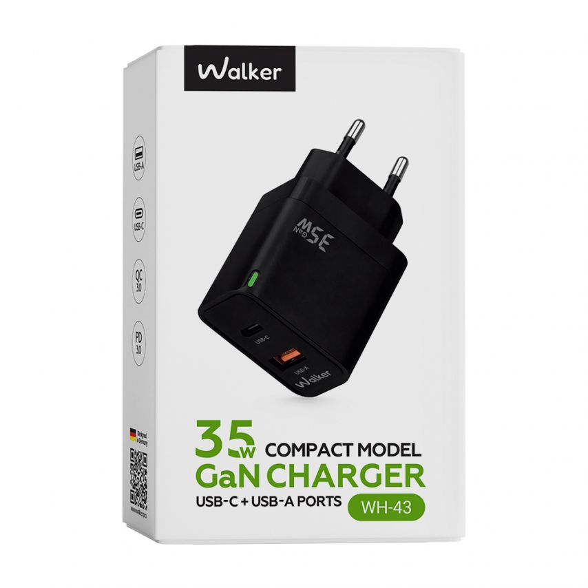 Мережевий зарядний пристрій (адаптер) WALKER WH-43 35W GAN PD_35W / QC3.0_30W black