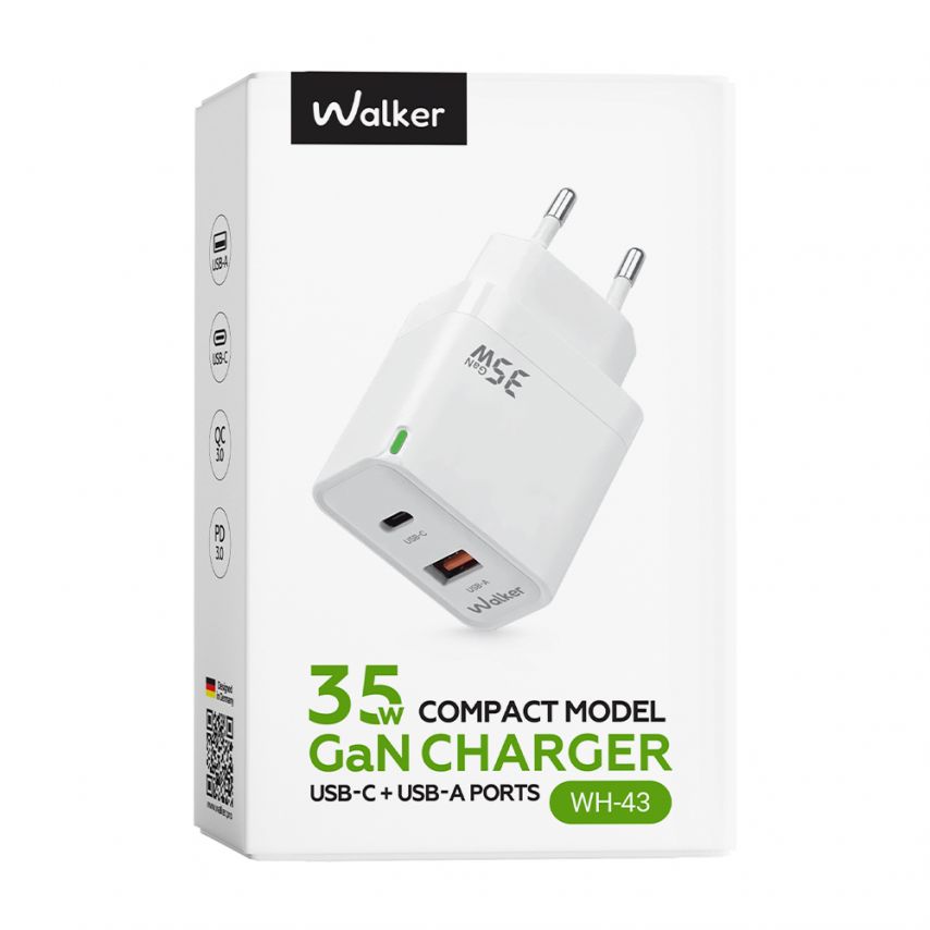 Мережевий зарядний пристрій (адаптер) WALKER WH-43 35W GAN PD_35W / QC3.0_30W white