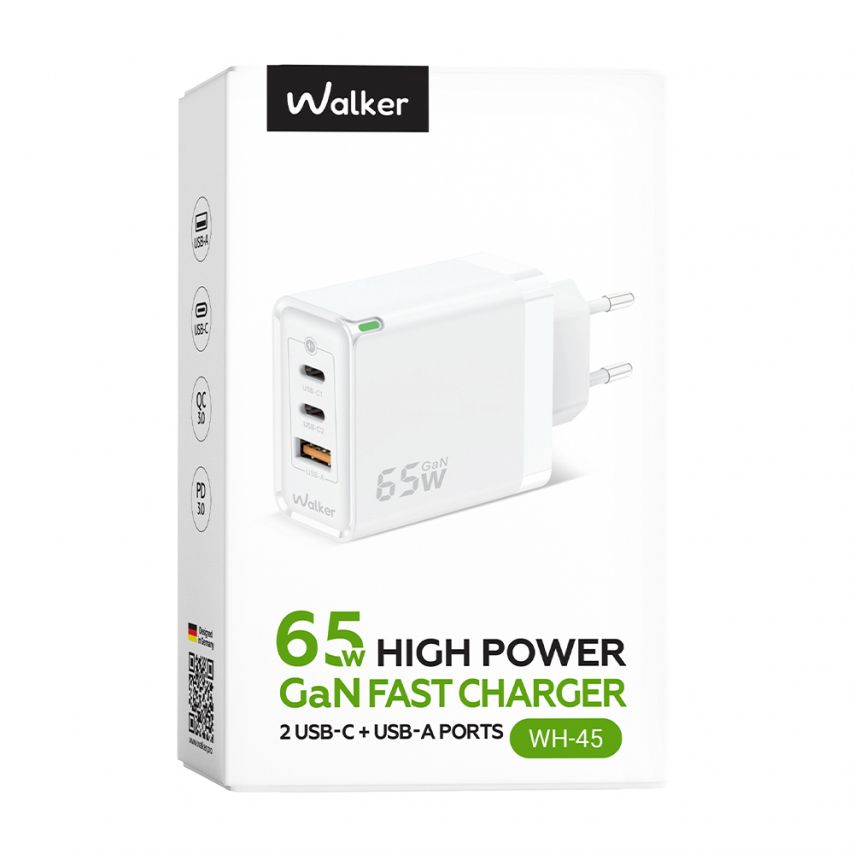 Мережевий зарядний пристрій (адаптер) WALKER WH-45 65W GAN PD1_65W / PD2_65W / QC3.0_65W white