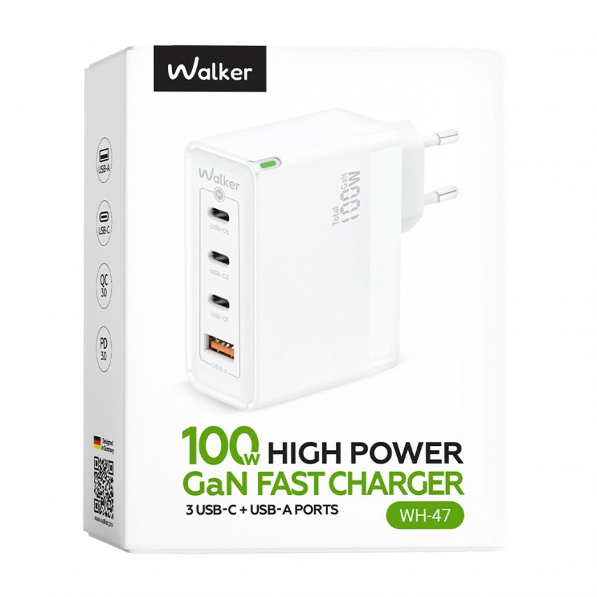 Мережевий зарядний пристрій (адаптер) WALKER WH-47 100W GAN PD1_35W / PD2_65W / PD3_65W / QC3.0_35W white