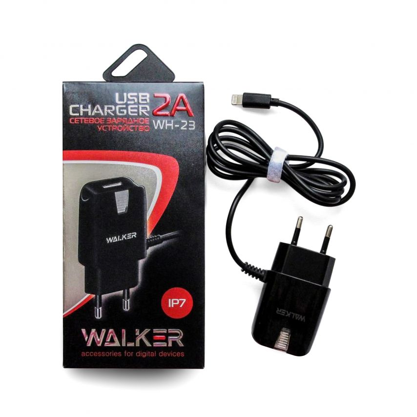 Мережевий зарядний пристрій (адаптер) 2в1 WALKER WH-23 1USB / 2A + Data Cabel USB to Lightning black