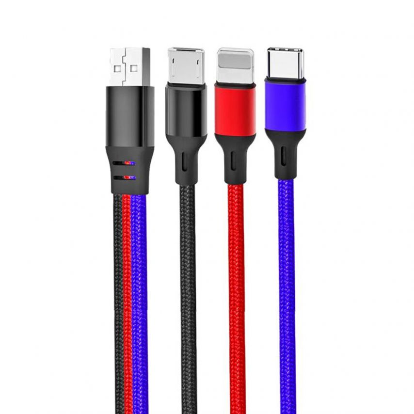 Кабель USB 3в1 XO NB143 Type-C/Micro/Lightning 2.1A 1.2м black/red/blue