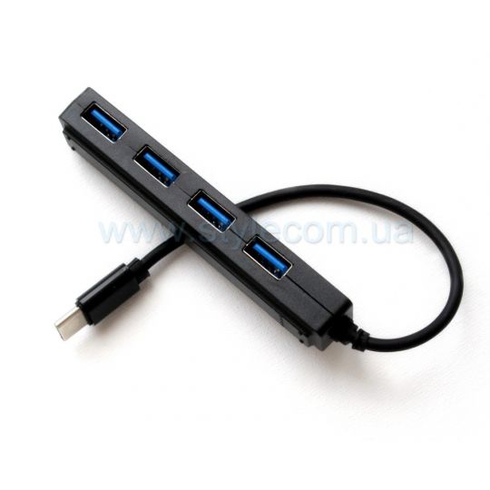 Переходник USB-HUB 4в1 Type-C короткий кабель black