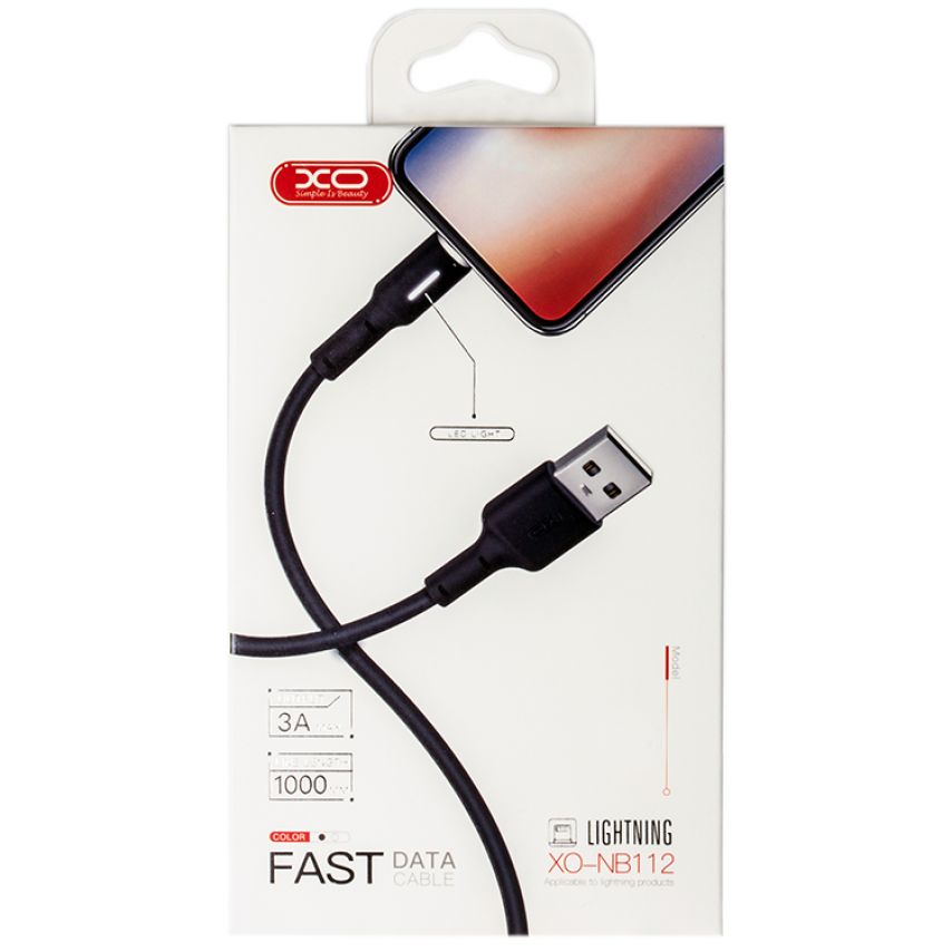 USB кабель XO NB112 3.0A Quick Charge Led Light Lightning прорезиненный black