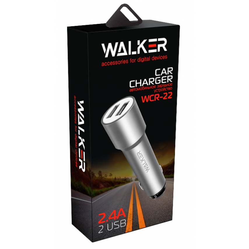 Автомобильное зарядное устройство (адаптер) WALKER WCR-22 2USB 1.0А+2.4A металл, удлиненные grey