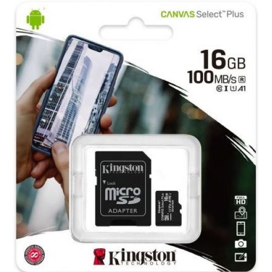Карта памяти MicroSDHC  16GB UHS-I Class 10 Kingston Canvas Select Plus R100MB/s + SD-адаптер (SDCS2/16GB) - купить за {{product_price}} грн в Киеве, Украине