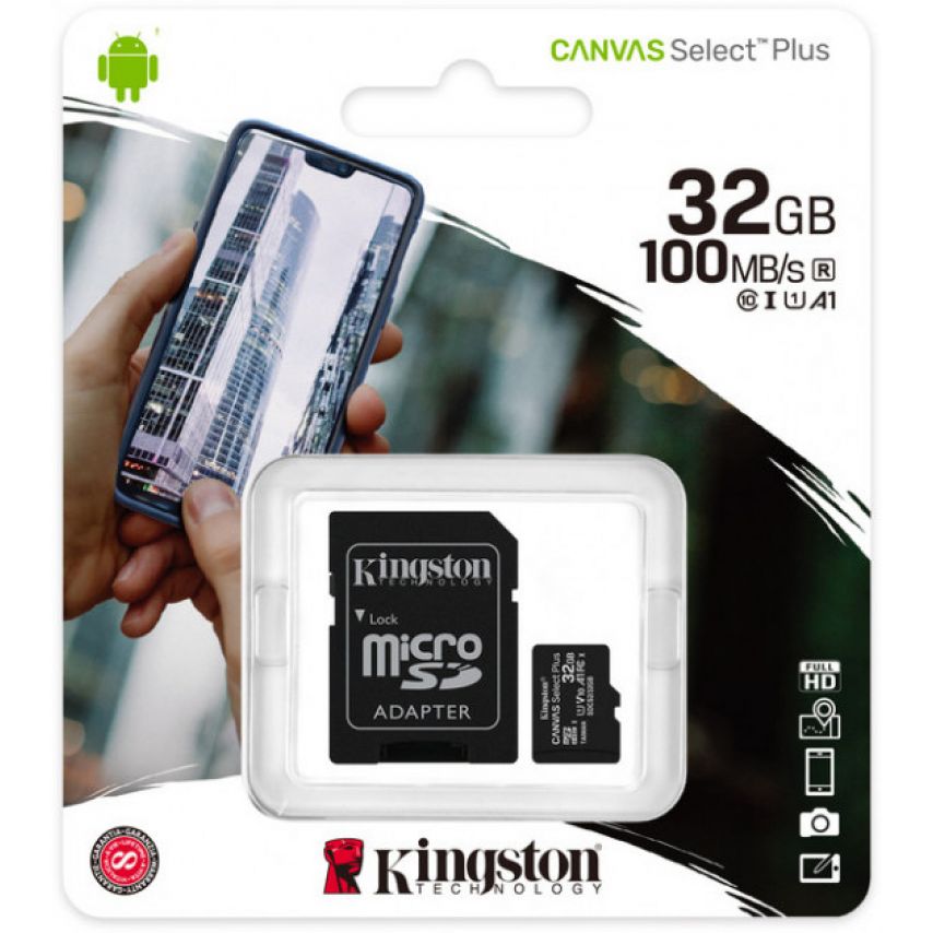 Карта памяти Kingston Canvas Select Plus MicroSDHC 32GB Class 10 UHS-I R100MB/s + SD-адаптер (SDCS2/32GB)