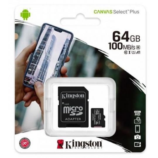 Карта памяти MicroSDHC 64GB UHS-I Class 10 Kingston Canvas Select Plus R100MB/s + SD-адаптер (SDCS2/64GB) - купить за {{product_price}} грн в Киеве, Украине