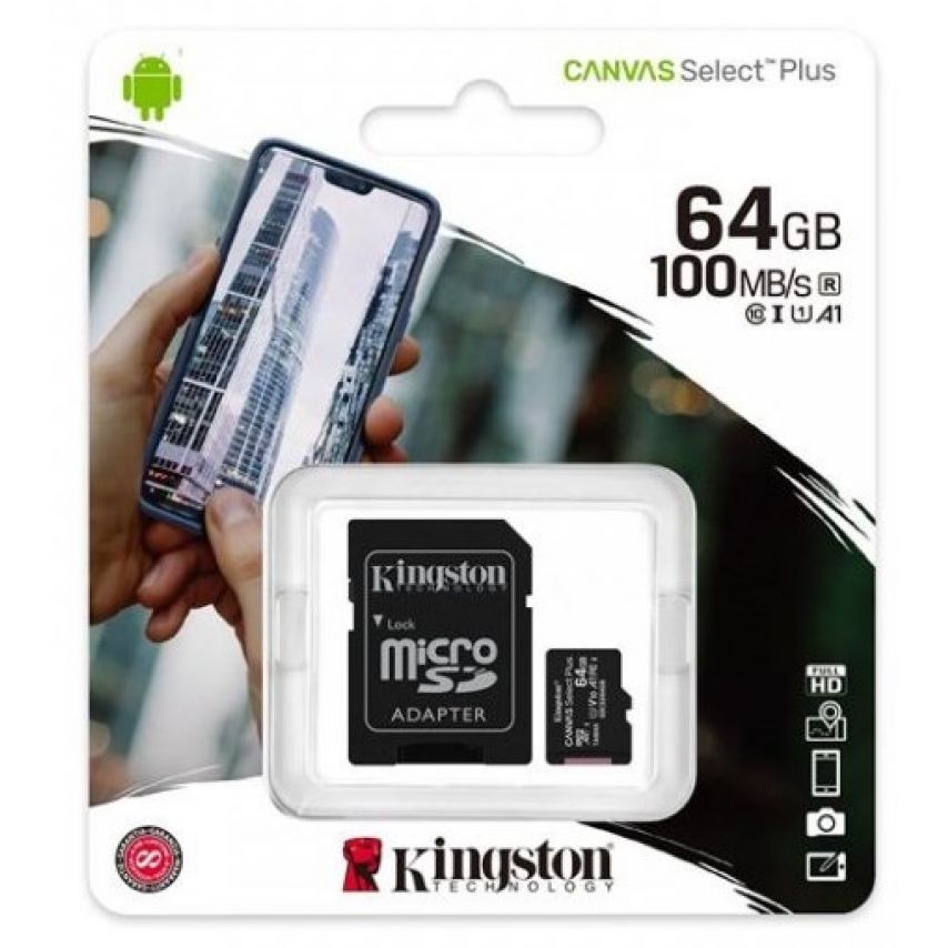 Карта памяти Kingston Canvas Select Plus MicroSDHC 64GB Class 10 UHS-I R100MB/s + SD-адаптер (SDCS2/64GB)