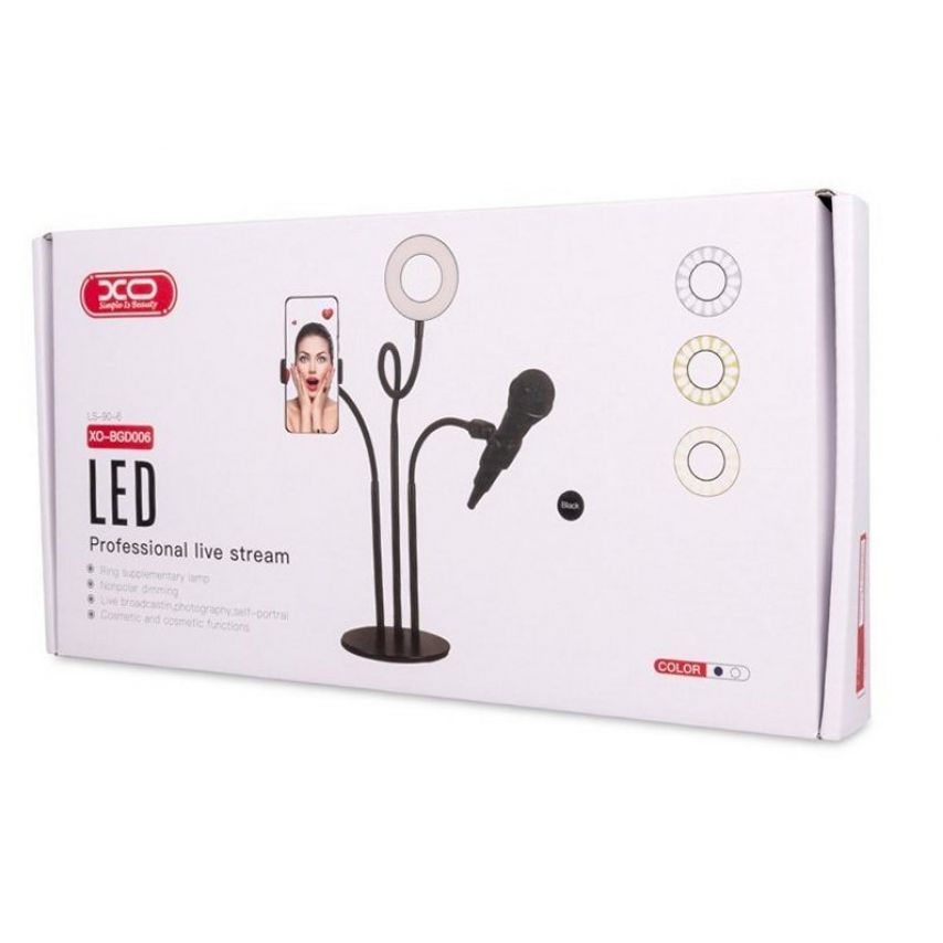 Кільцева лампа XO BGD006 3в1 (9 см) + затискач для телефону, затискач для мікрофону white